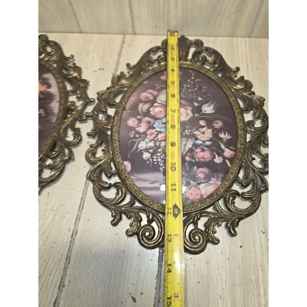 Vintage Set Of Italian Ornate Brass Framed Oval Prints Convex Bubble Glass 10x13